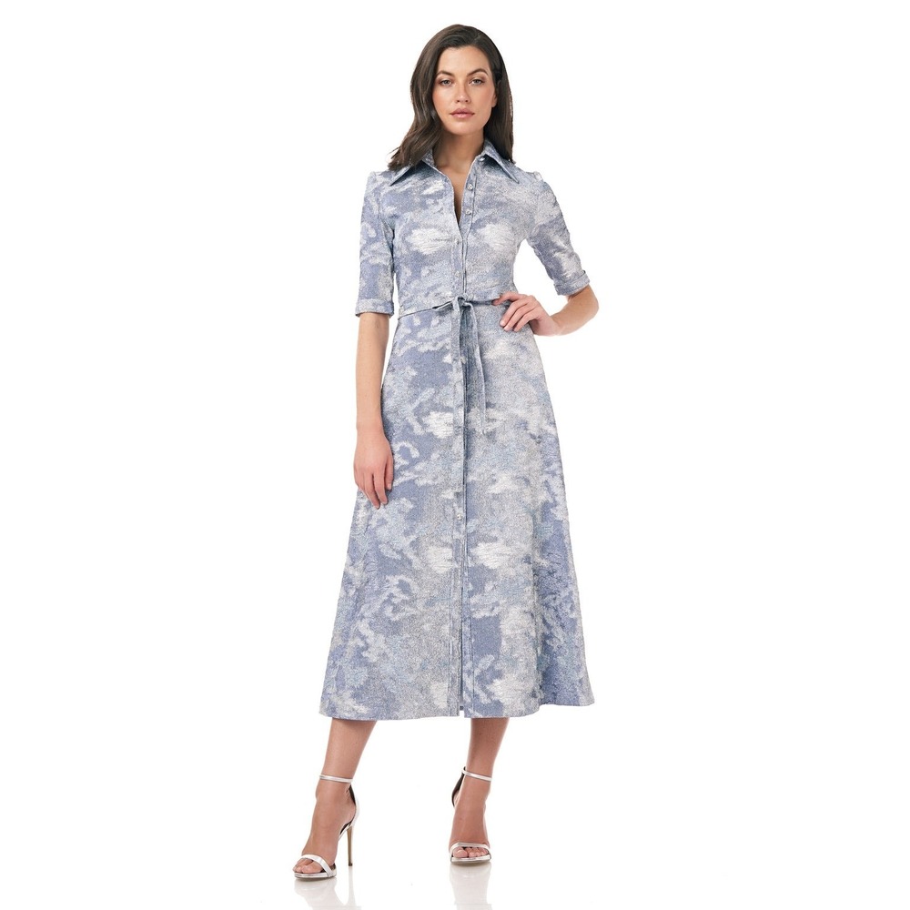 Theia Metallic Jacquard Midi Dress XS Blue Silver Belted Occasion Luxe